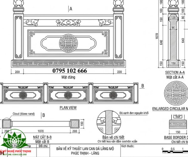 Bản vẽ hàng rào đá đen, chạm chữ thọ