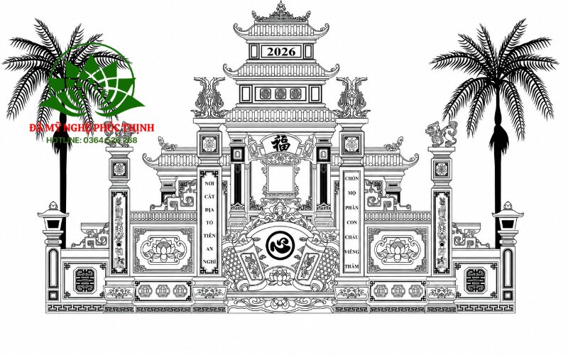 Bản vẽ khuôn viên lăng mộ đá tổng thể mặt trước