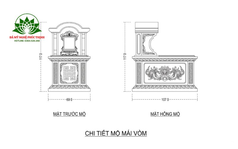 Kích thước mộ đá theo bản vẽ