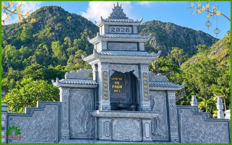 mẫu lăng thờ đá 4 cánh, 3 mái đá xanh rêu Hà Tân 